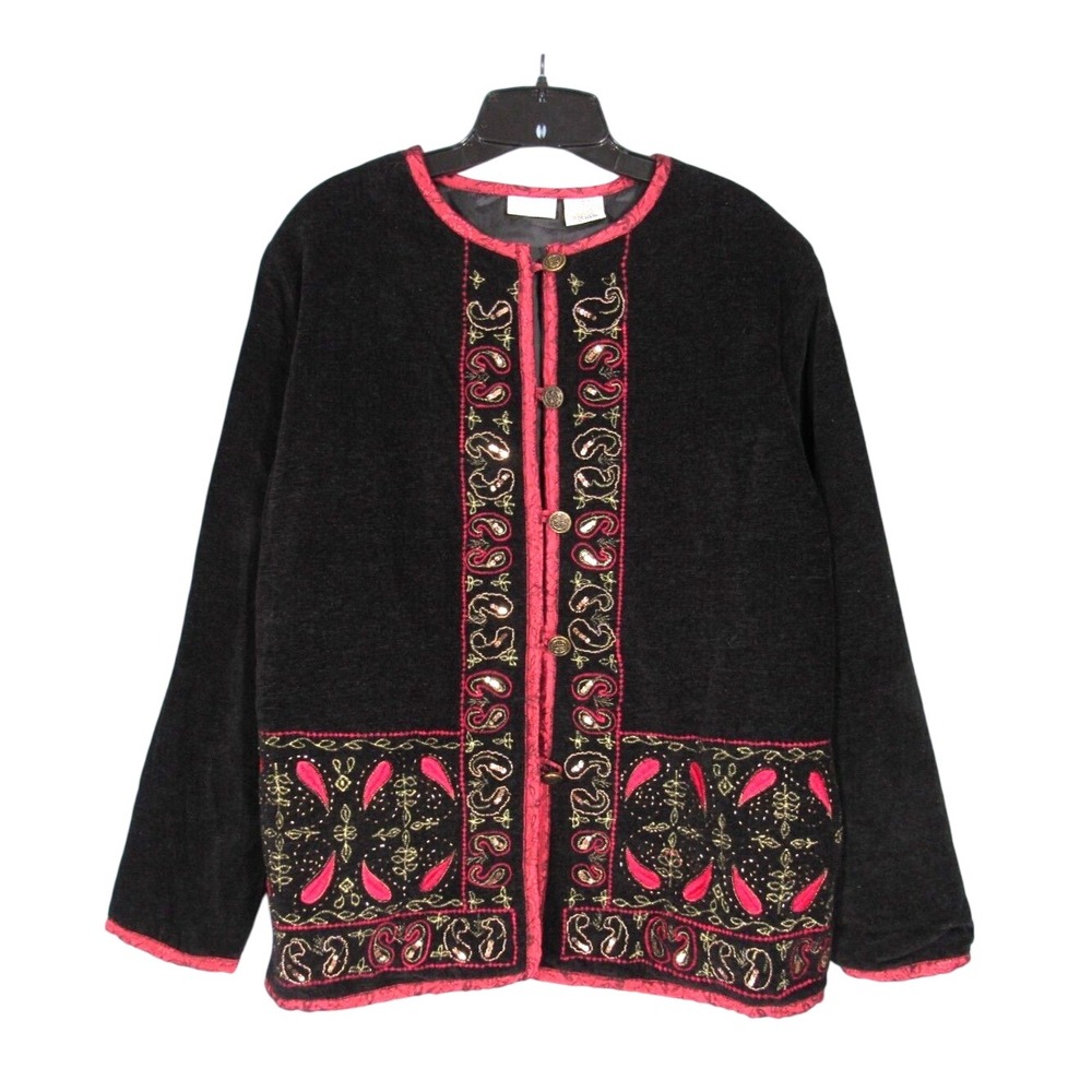 VTG WHITE STAG Black Chenille w/Red Satin Trim BEADED Sweater Cardigan JACKET M